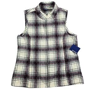 Basic Editions Quilted Corduroy Vest Womens Small White Plaid Full Zip Pockets